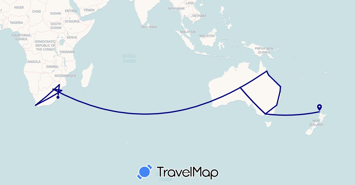 TravelMap itinerary: driving in Australia, Mozambique, New Zealand, South Africa (Africa, Oceania)